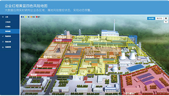 企業(yè)風險分級四色分布圖，動態(tài)展現(xiàn)風險管控結(jié)果，安全隱患實時提醒，風險管控狀況及時預警。